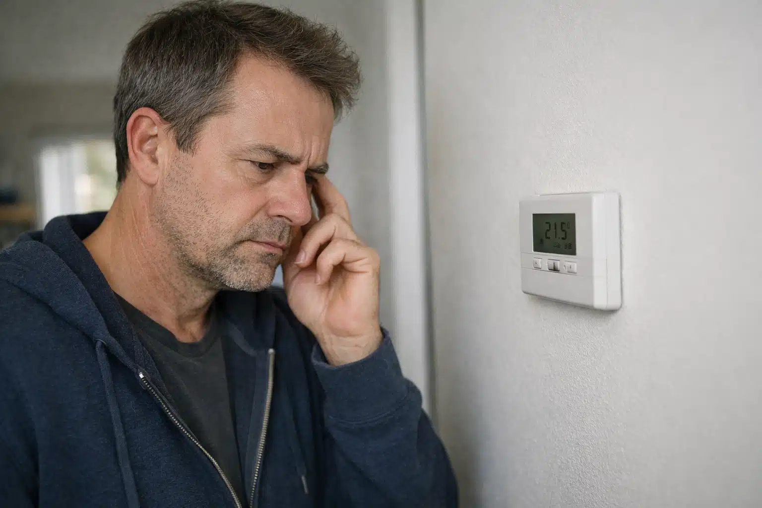 Homme perplexe regardant un thermostat affichant 21,5 °C.