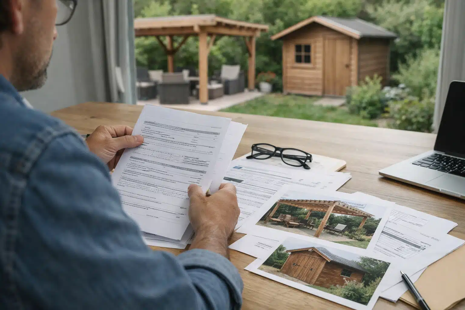 Mains signant des documents près d'un abri de jardin