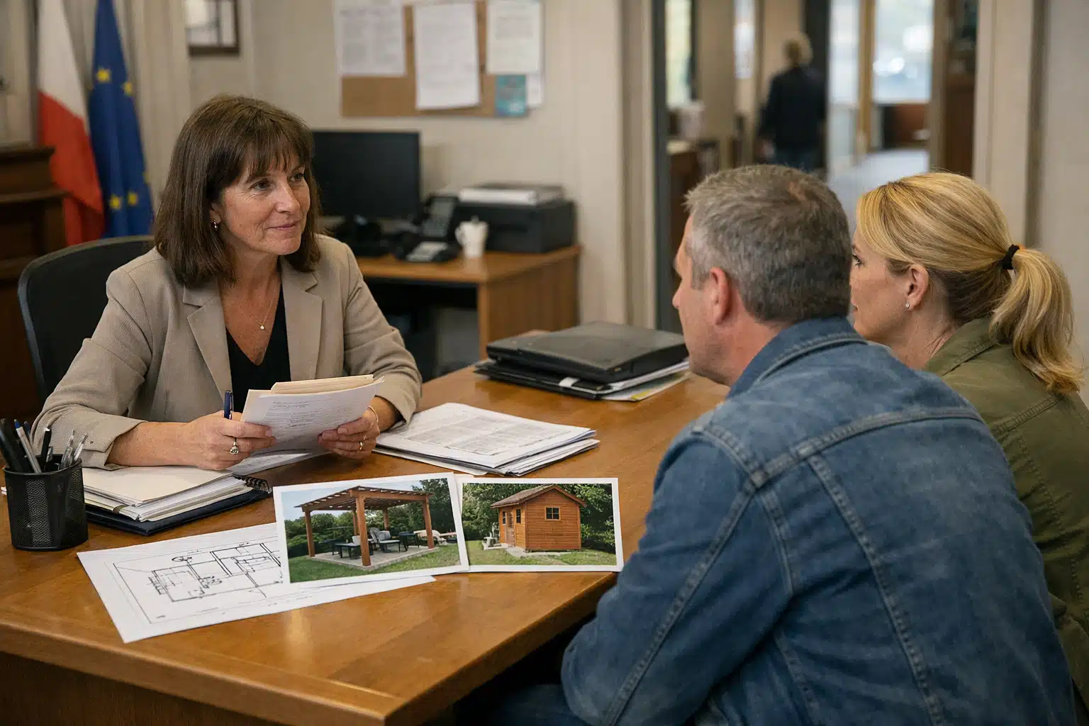 Conseillère montrant des plans de maison à deux clients