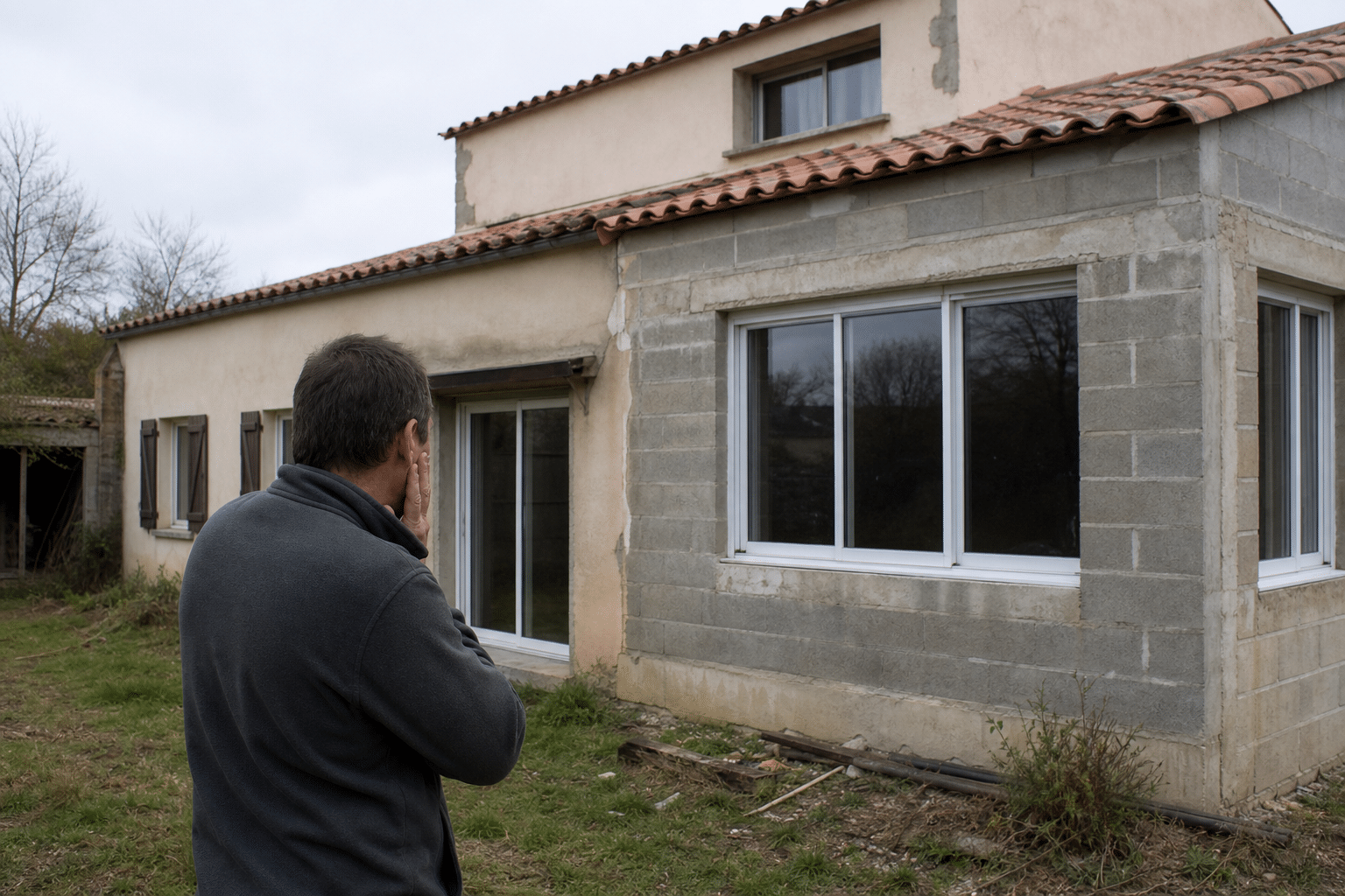 Homme regardant maison en rénovation avec nouvelles fenêtres
