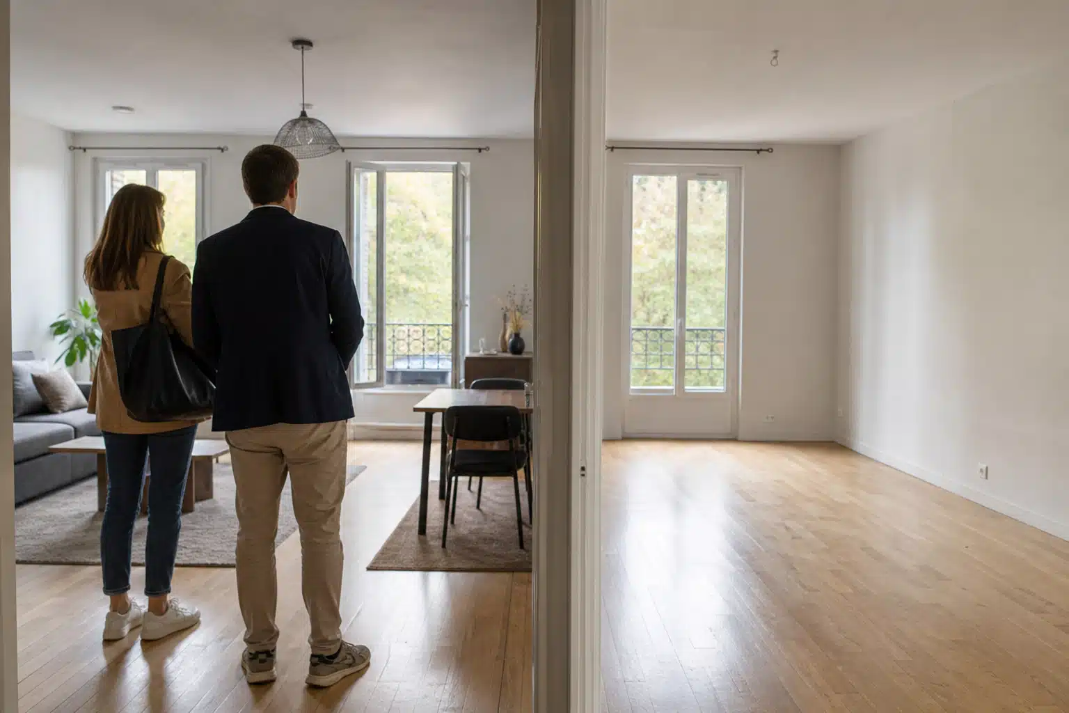Homme en costume visitant appartement vide lumineux