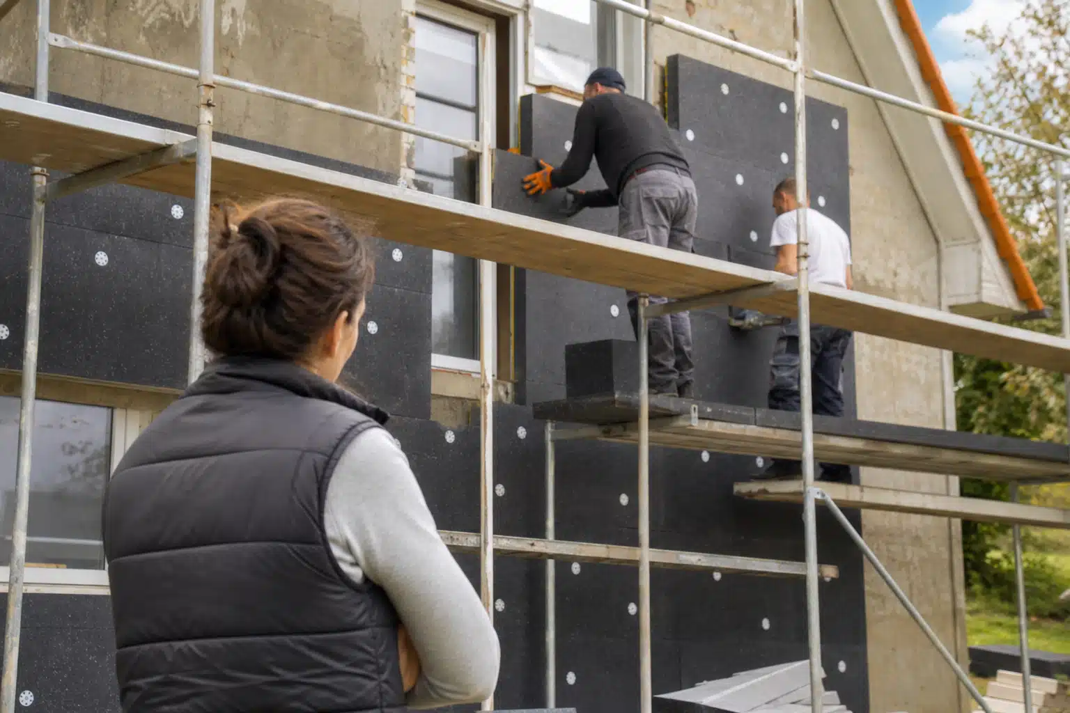 Deux ouvriers posant des panneaux isolants sur la façade